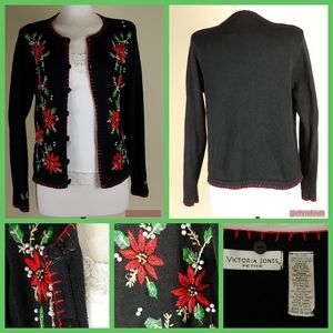 Victoria Jones Holiday Christmas embroidered black cardigan sweater Pointsetta M